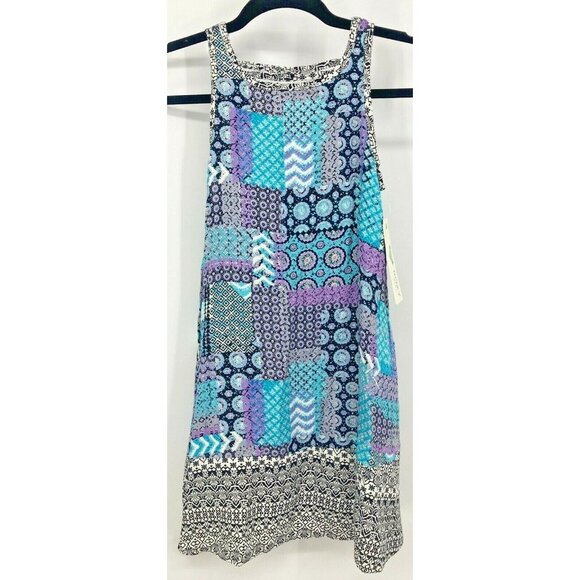 Roxy Girl Swing Tunic Dress Size 10 Blue White Geometric Sleeveless New B5 - Picture 1 of 9